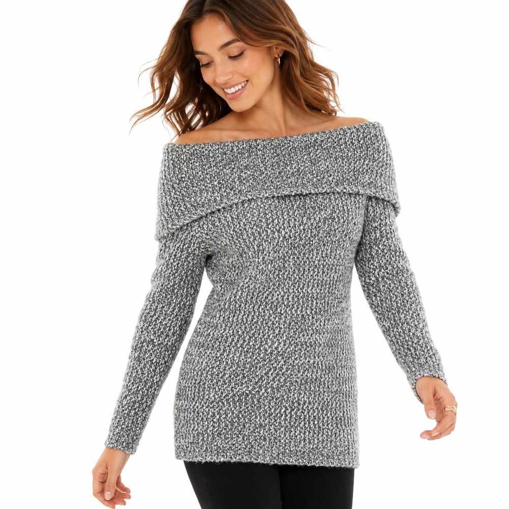 NWT Kohl's Off Shoulder Marled Knit Sweater Gray Cozy Eyelash Tunic Size Small